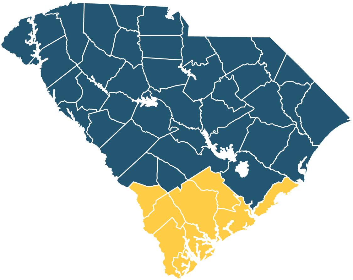 a map of South Carolina with highlighted counties