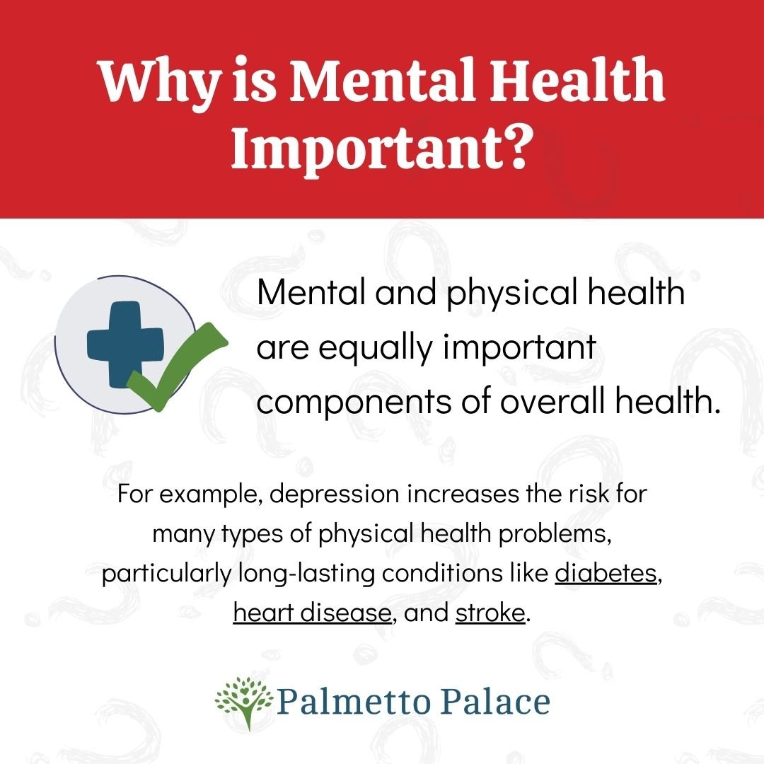 Why is Mental Health important 🧠?

Because mental and physical health are equally important components of overall health. 

Looking for more resources? Talk to our health providers at the Palmetto Palace Mobile Health Unit about additional ways to d
