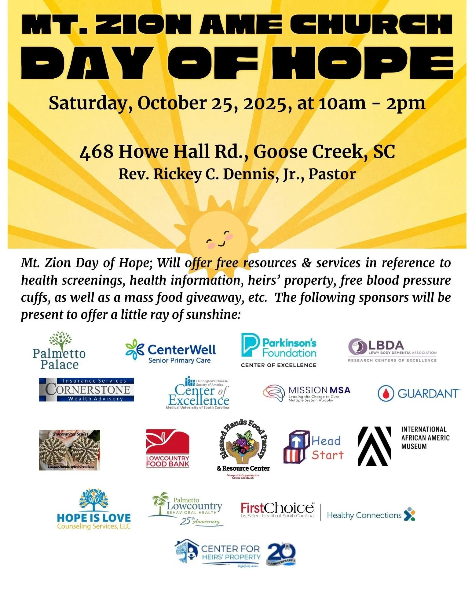 Join the Palmetto Palace Mobile Health Unit this Saturday, October 25th from 10am to 2pm at Mt. Zion AME Church! We are excited to help sponsor this exciting community event and can't wait to see you there 🌴!

468 Howe Hall Rd.
Goose Creek, SC

#com
