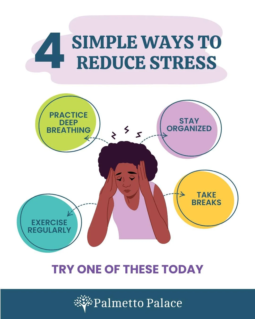 It's week 3 of #StressAwarenessMonth! Try one of these four simple ways to reduce stress: 

1. Practice deep breathing. 🫁 
2. Stay organized. 🗄️ 
3. Take breaks. 🧘 
4. Exercise regularly. 💪 

Just a few minutes a day can help! Small actions, done