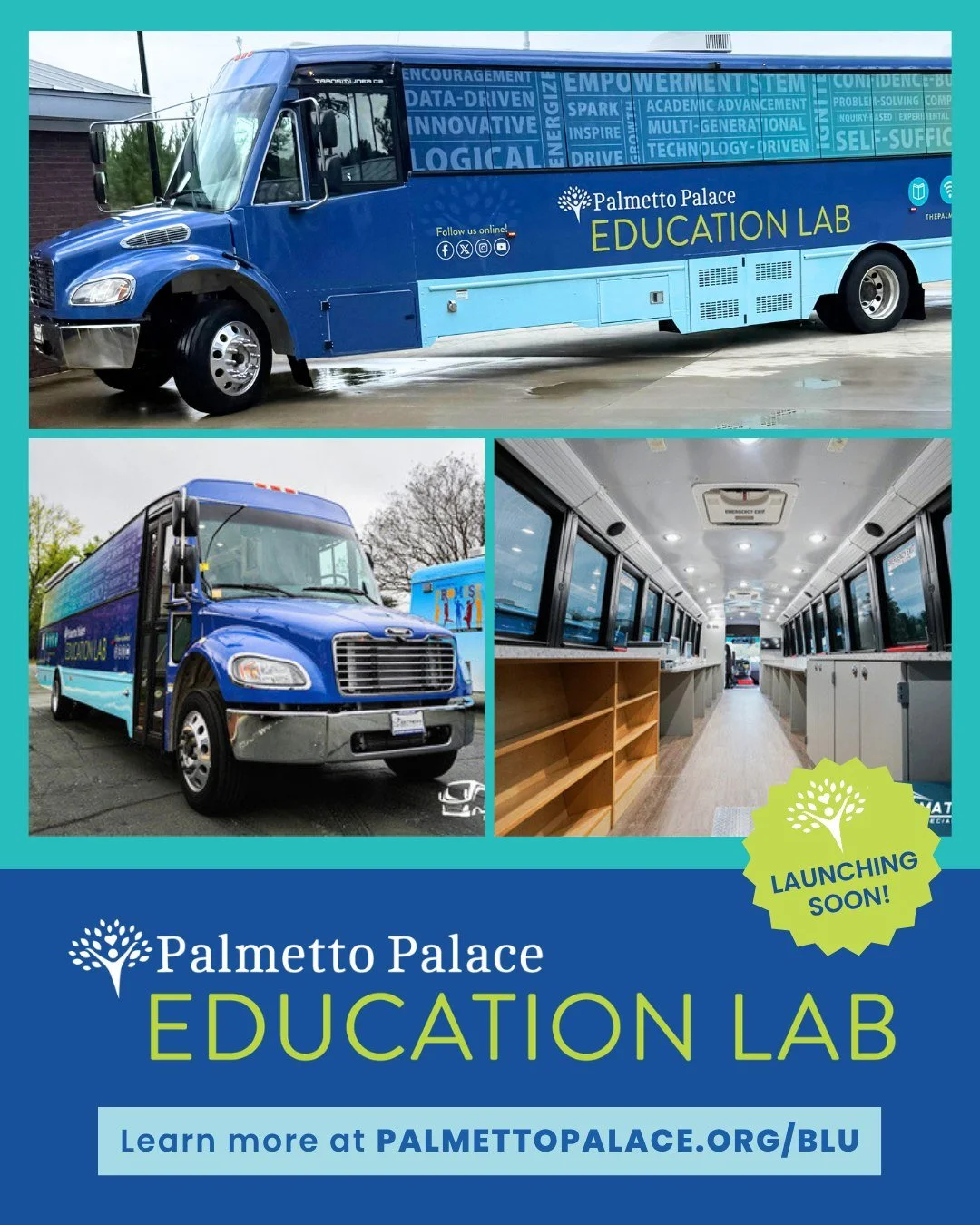 We're excited to share an update on the new Mobile Education Lab at the Palmetto Palace 🌴! The Bridge to Learning and Upskilling (BLU) Lab has been officially wrapped and outfitted by the amazing team at Matthews Mobile Media, and we are out in our 