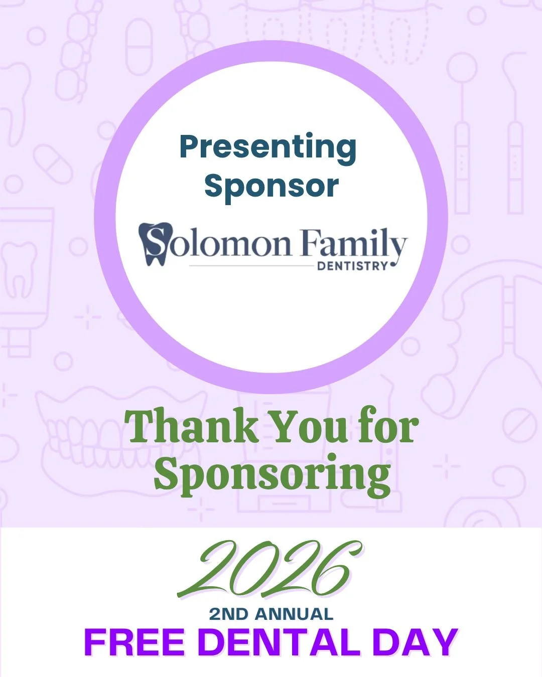 We are excited to introduce the 2026 Free Dental Day Presenting Sponsor, Solomon Family Dentistry 🦷! The second annual Free Dental Day provides no‑cost dental care this July to uninsured and underinsured adults and youth through a large, temporary c