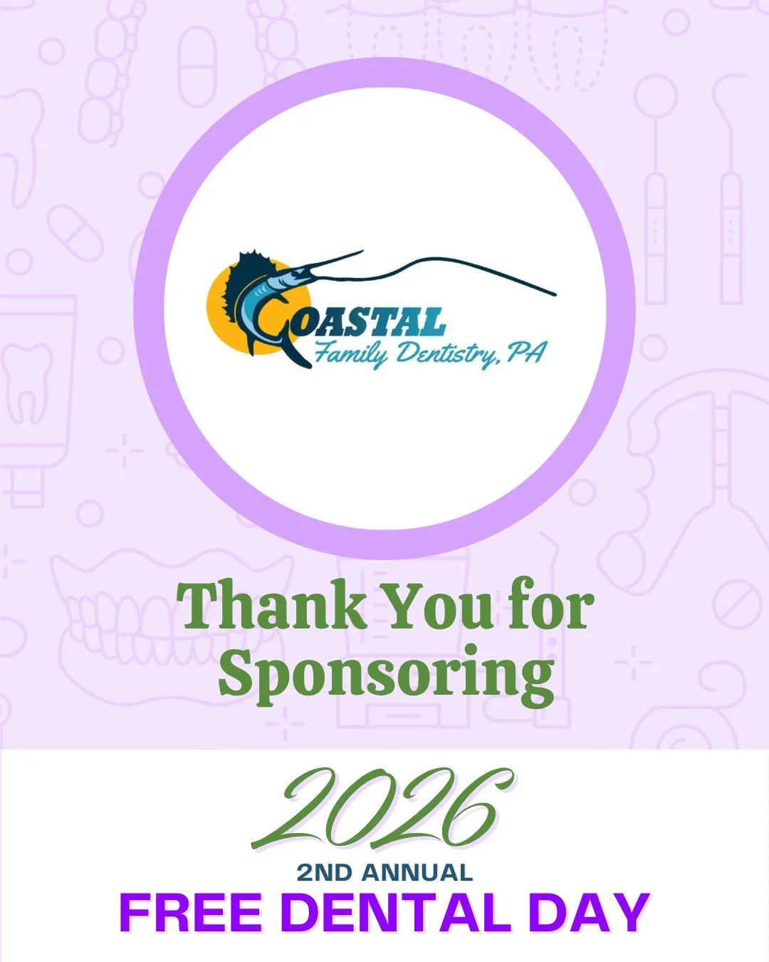 We are proud to recognize Coastal Family Dentistry, PA as a sponsor of the 2026 Free Dental Day this July. This event provides no-cost dental care for uninsured and underinsured adults and youth through the support of dedicated volunteers, sponsors, 