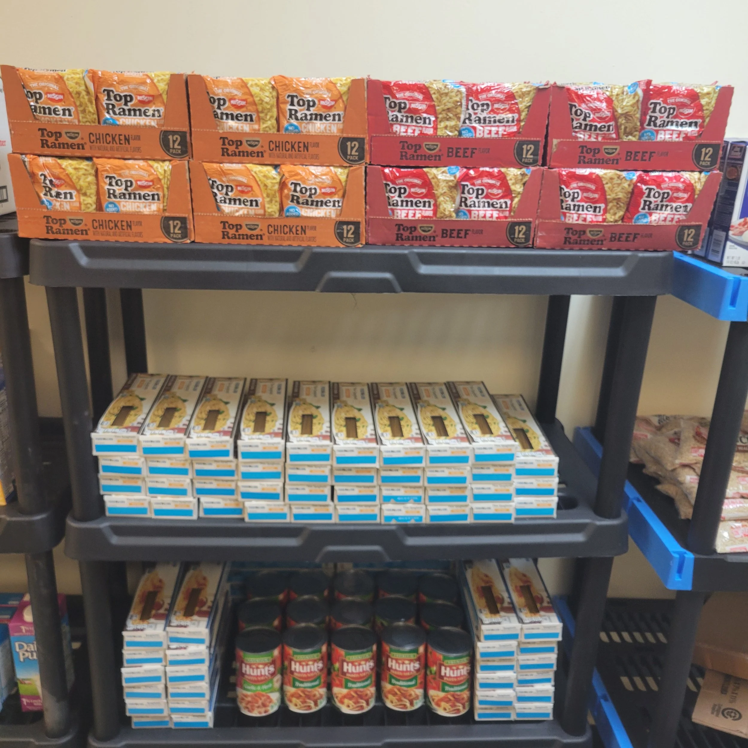 A shelf of food for the food pantry in Orangeburg