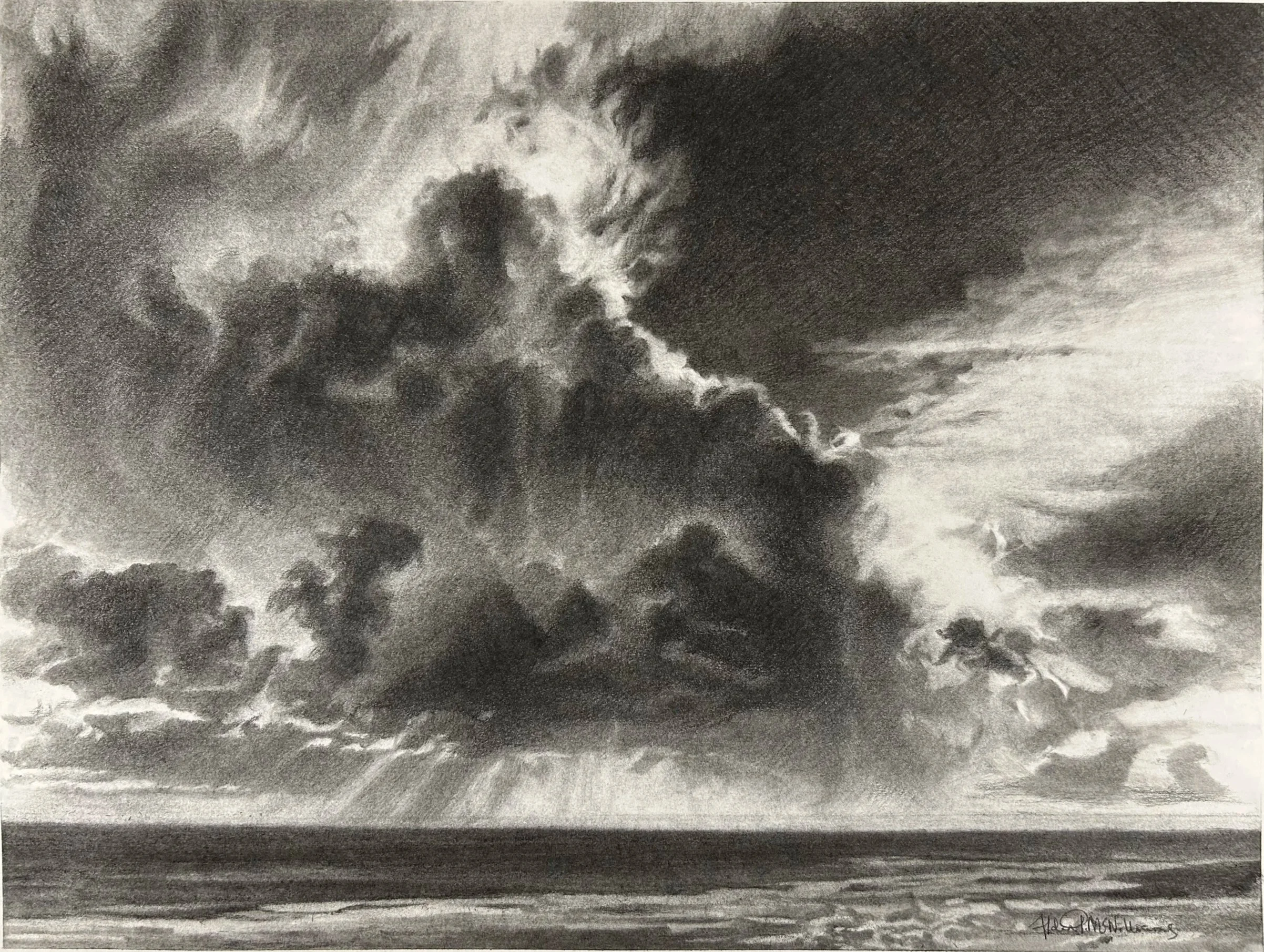 "Confluence" #1 / Charcoal on paper / 25.5" x 30.5" (framed) / 2024 / Gower Peninsula, Wales / SOLD