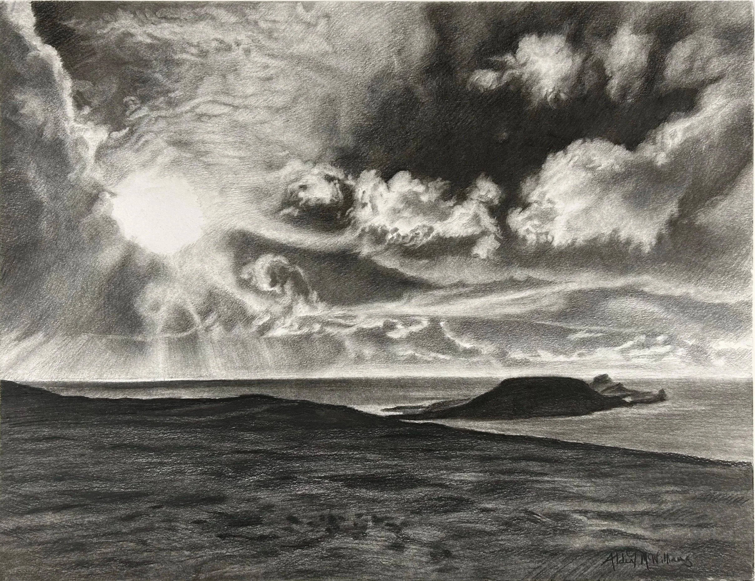 "Confluence" #2 / Charcoal on paper / 25.5" x 30.5" (framed) / 2024 / Gower Peninsula, Wales / Available
