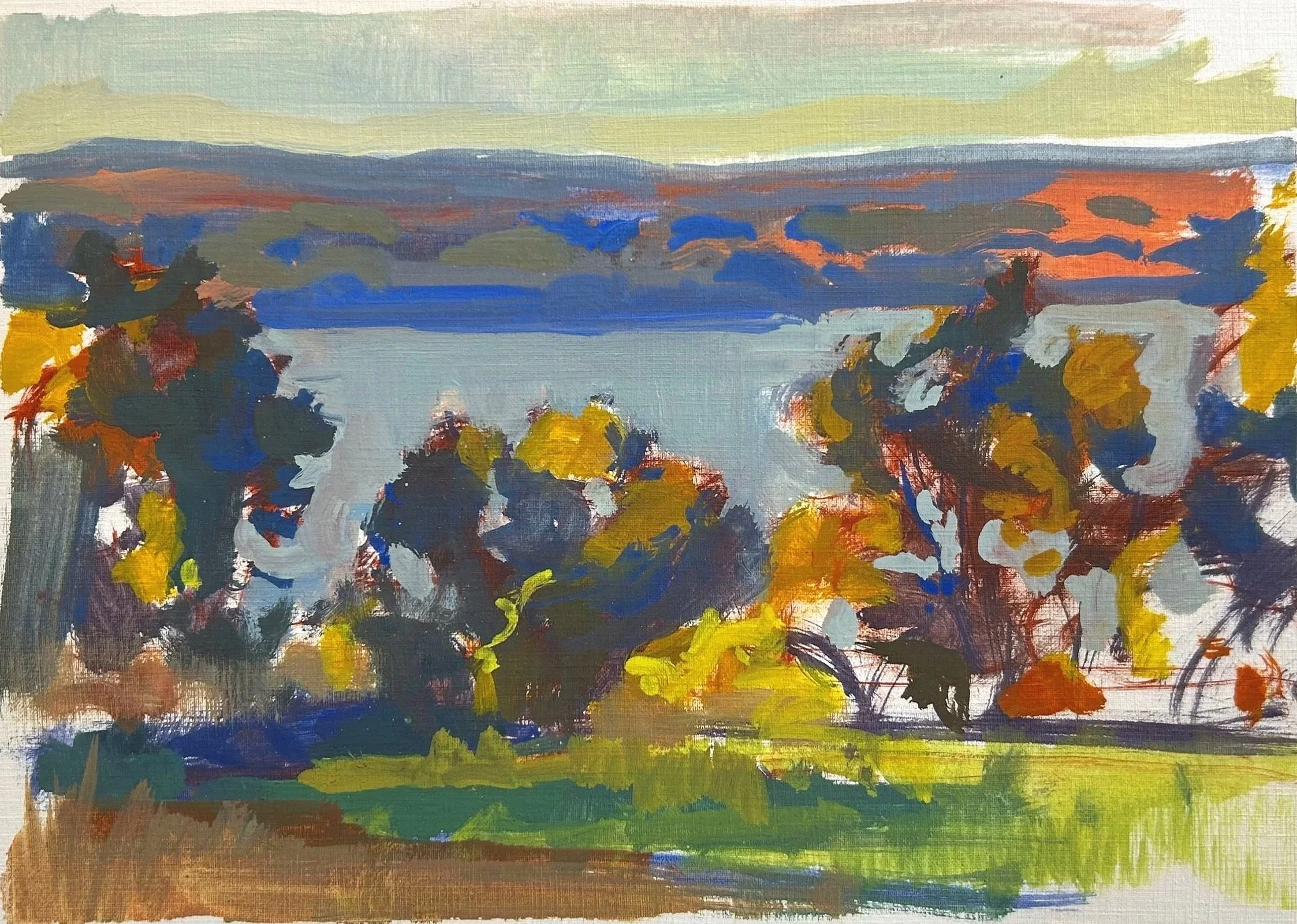 "Our Backyard" - Autumn #1 / Oil on paper / 14.5" x 17" (framed) / 2024 / Hudson River, Beacon, New York / Available