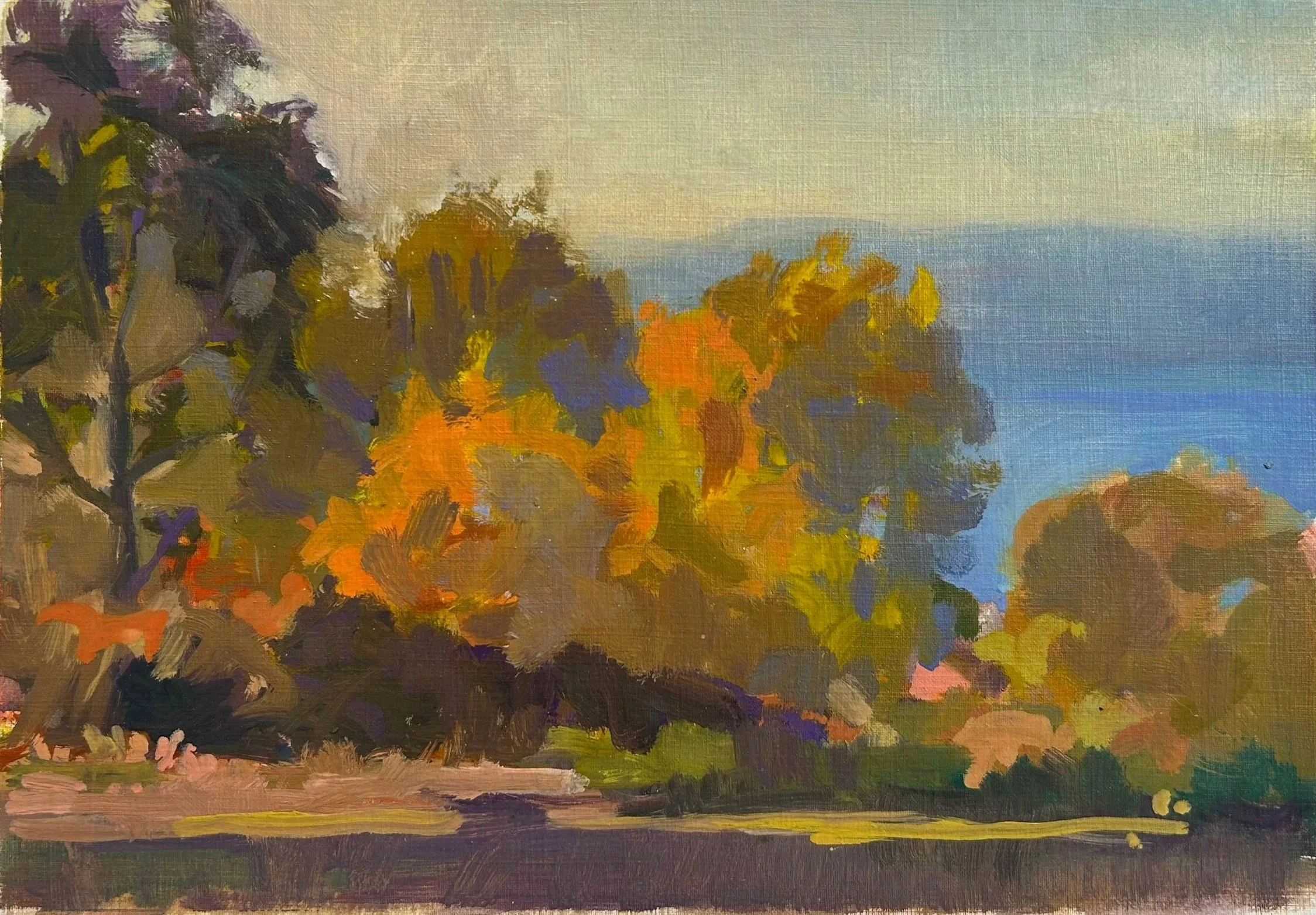 "Our Backyard" - Autumn #3 / Oil on paper / 14.5" x 17" (framed) / 2024 / Hudson River, Beacon, New York / Available