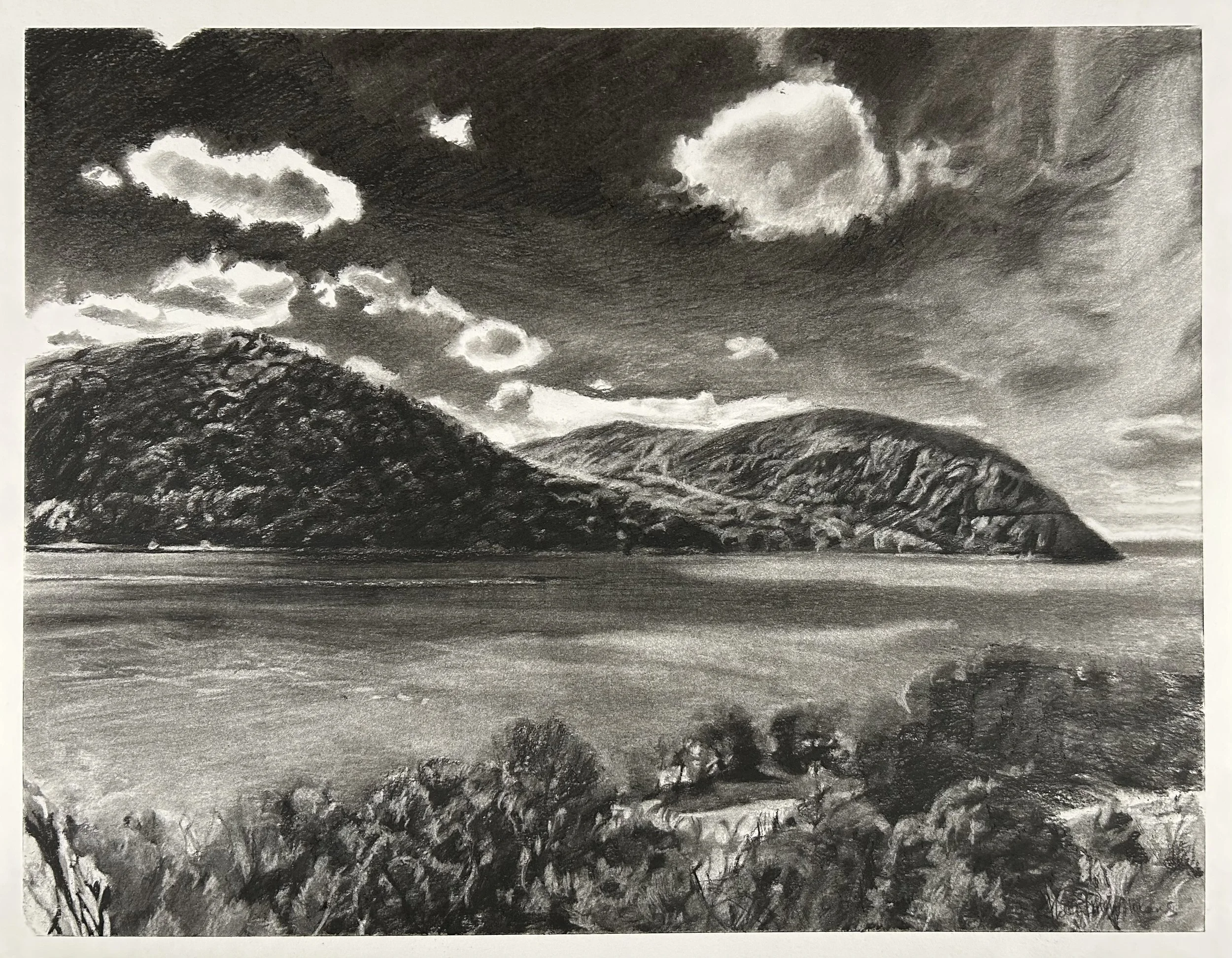 "Head of the Highlands" / Charcoal on paper / 25.5" x 30.5" (framed) / 2024 / Little Stony Point, Cold Spring, New York / Available