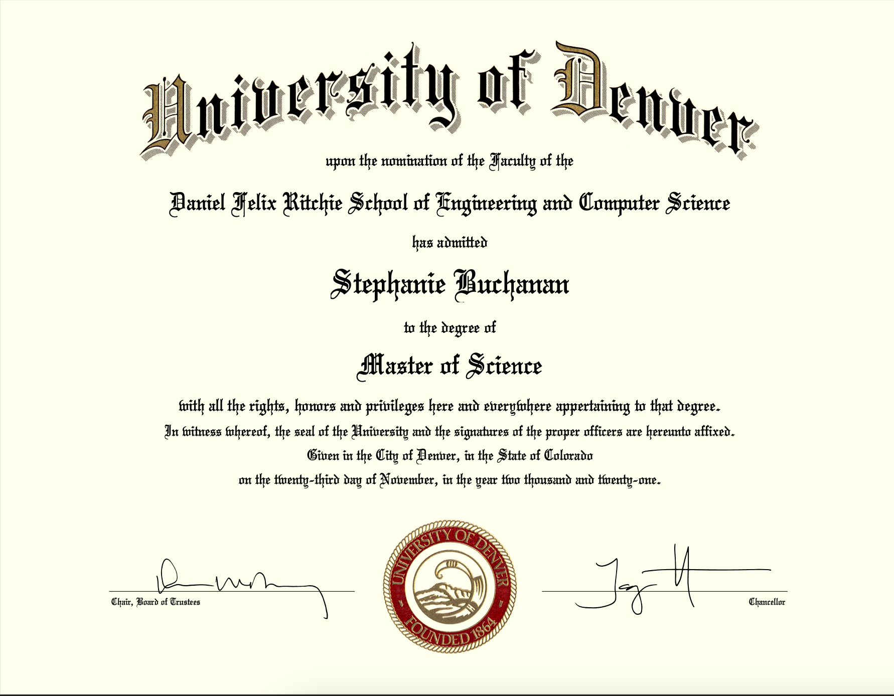 University of Denver diploma awarded to Stephanie Buchanan for a Master of Science degree