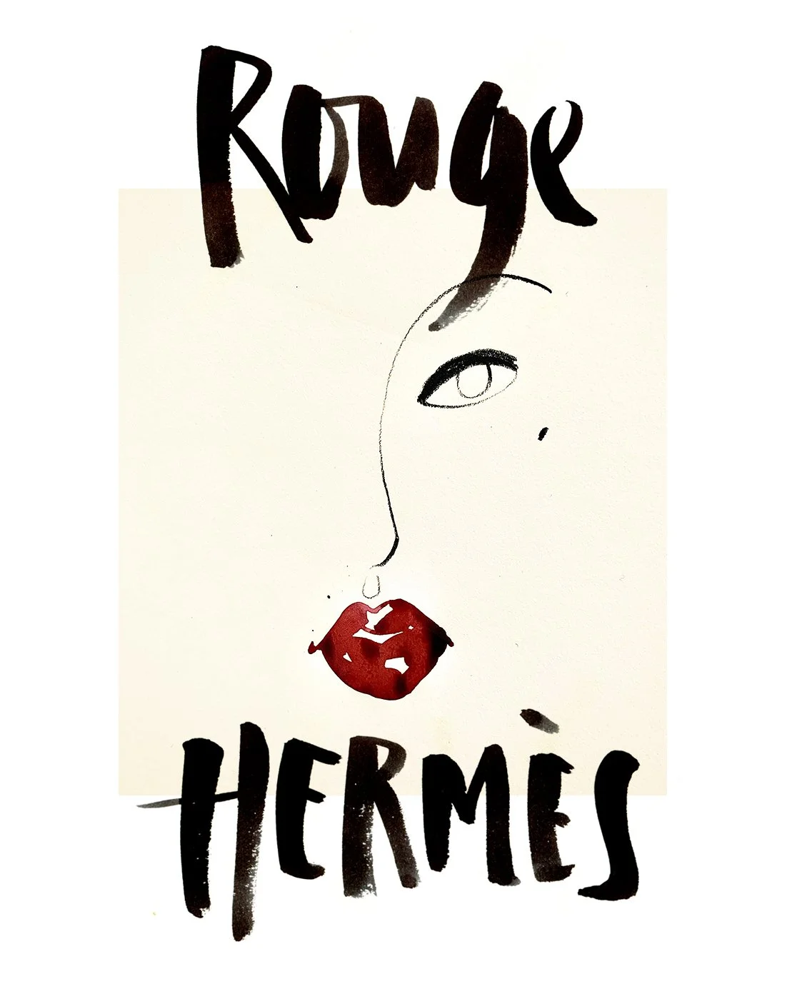 Stylized book cover with the words 'Rouge Hermès' in black, featuring a minimalistic line drawing of a woman's face with red lips and the eye of the woman visible.