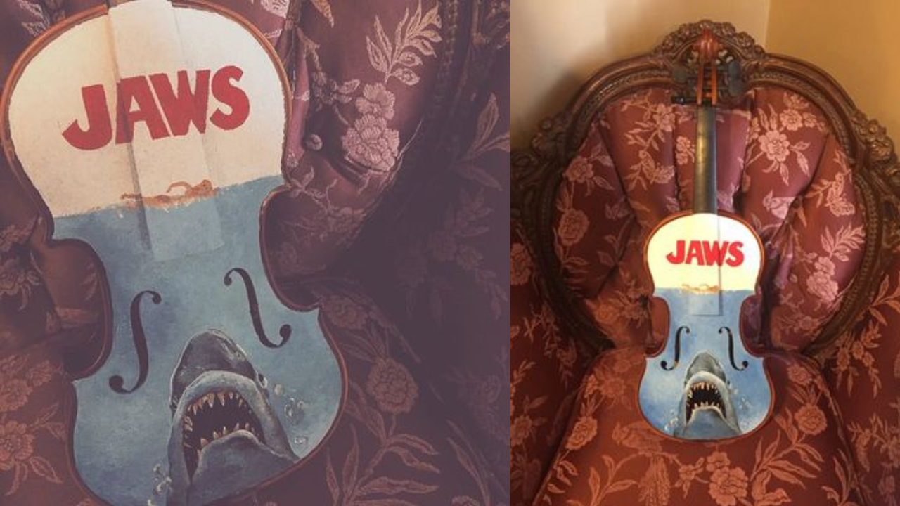 JAWS fan recreates iconic poster on violin as gift for fiancé 