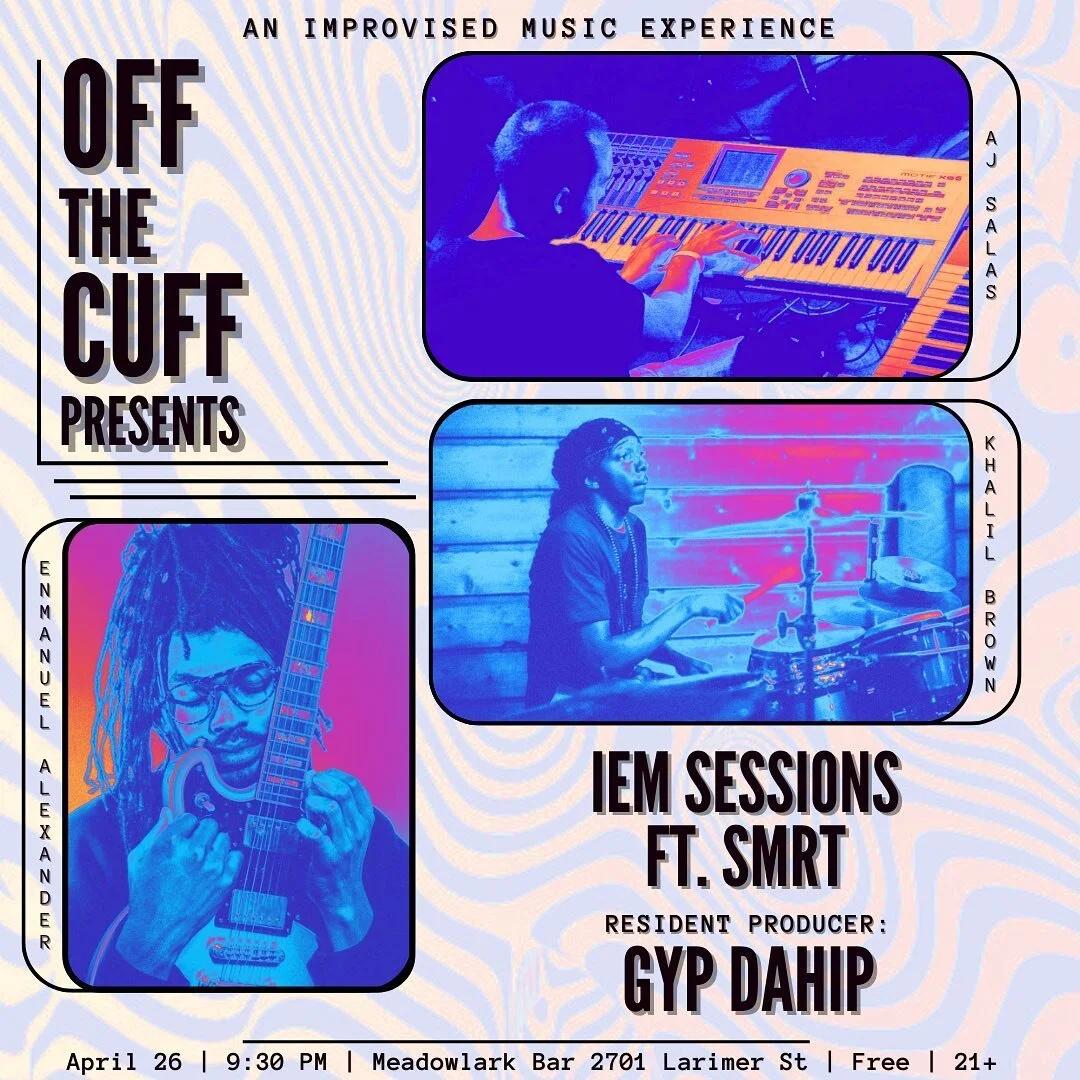 Tonight🪐come kick it on this rainy day w/ the last wednesday of the month improvised electronic music crew!  @smrtsounds @gypdahip n @brownkhalill 
less get itttt!
#denvermusicscene #offthecuffdenver 

Poster by @_jaz.ie n eye