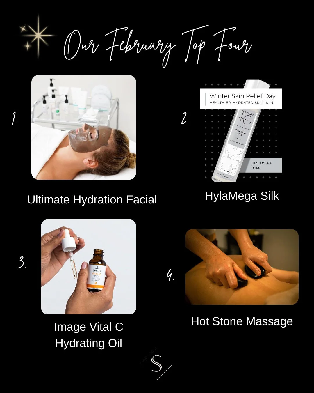 ✨ February Faves ✨⁠
Minneapolis winter is no joke&mdash;these are our top 4 cold-weather musts for hydrated skin and total relaxation.⁠
⁠
💧 Ultra-Hydration Facial | 60 Min⁠
Instant moisture for dry, dull skin. Hyaluronic acid, mineral-rich waters, h
