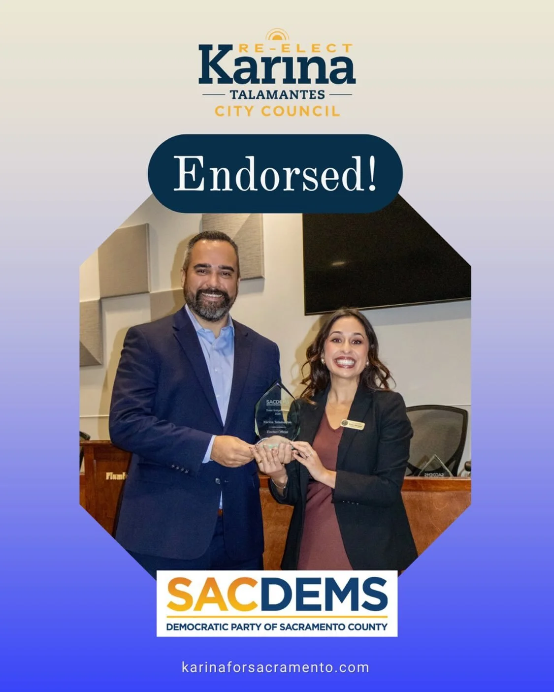 &ldquo;From her strong record in office to being honored as Elected Official of the Year, Karina has shown what it means to lead with Democratic values every day. The Democratic Party of Sacramento County is proud to endorse her for reelection. She c