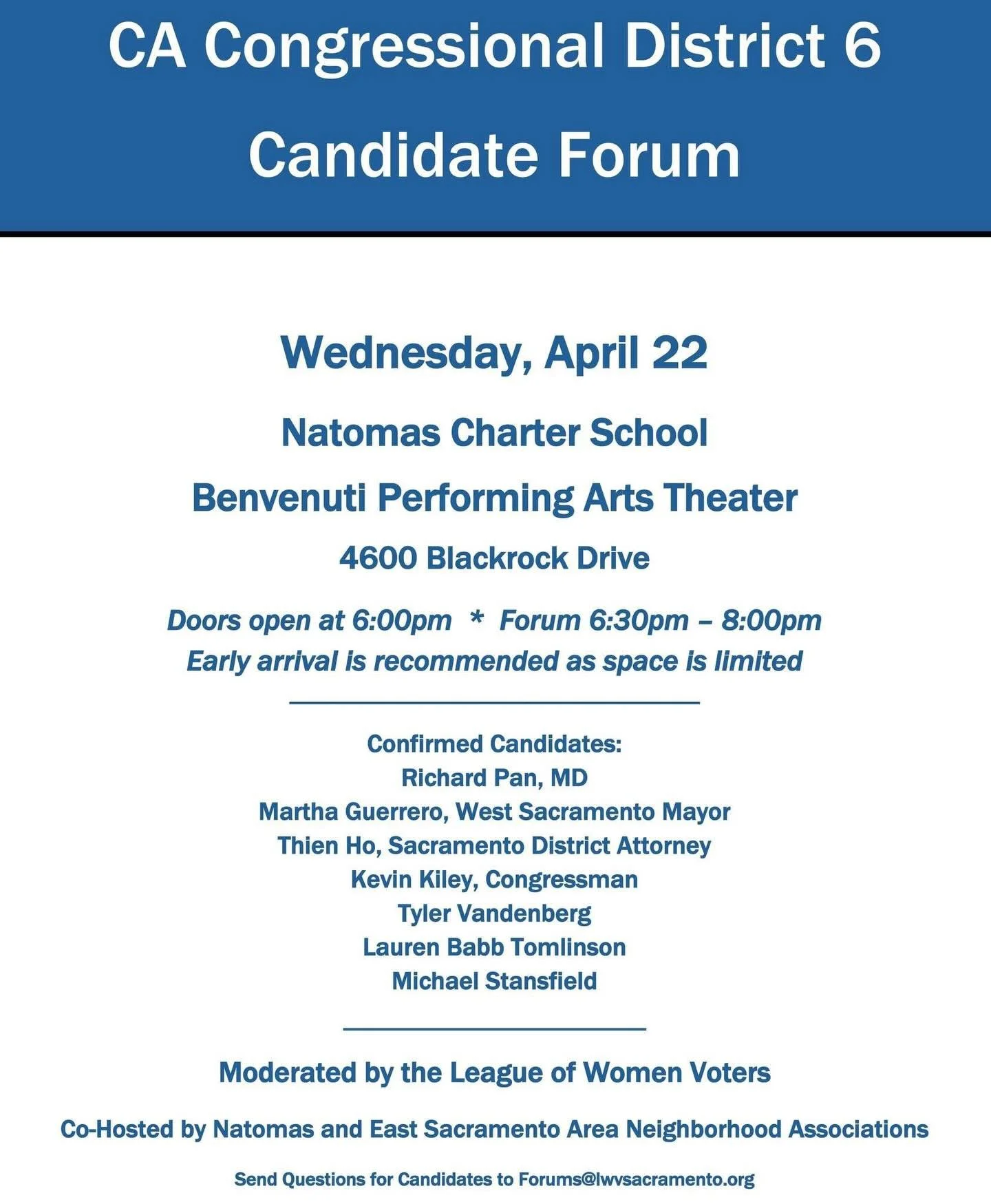 Natomas! 

We get to vote for a new member of Congress this election. There are so many candidates on the ballot to select from including incumbent Kevin Kiley who we need to oust. 

The federal government is dismantling programs that hard-working Sa