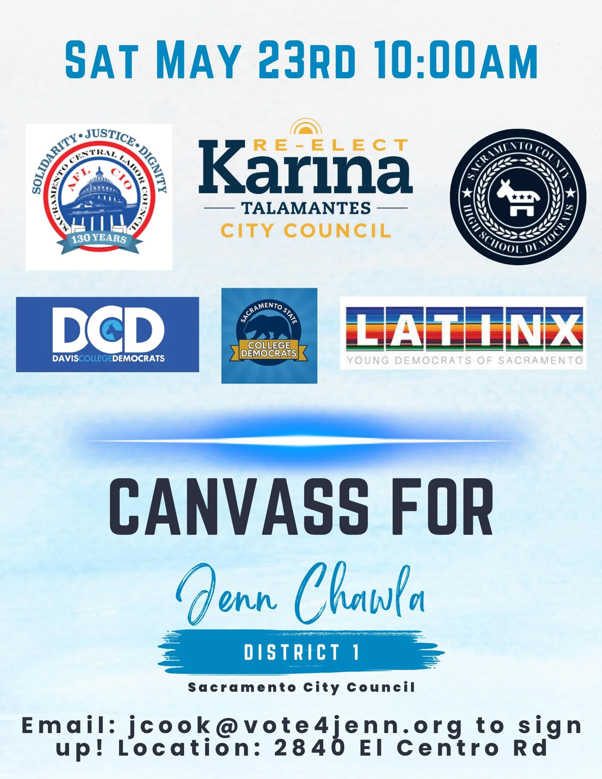 Looking for something to do tomorrow? Come knock on doors with us for Jenn Chawla for Sacramento City Council! No experience needed. 🩵