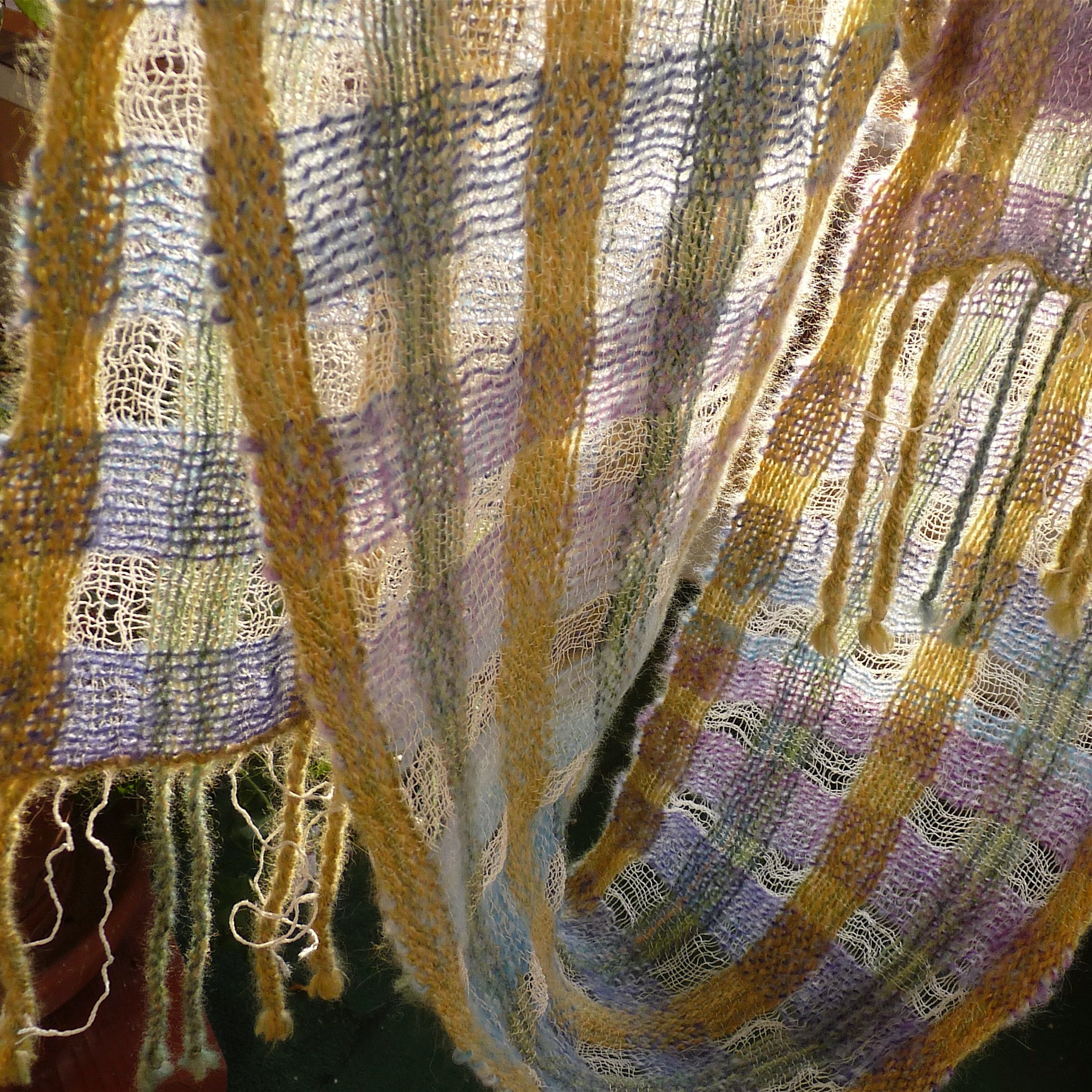 Handwoven scarf with silk/stainless steel and handspun wool yarn