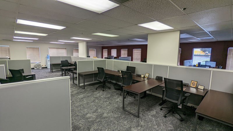 Refinished Steelcase Avenir cubicle panels, stationary and height adjustable desks with metal O-Legs