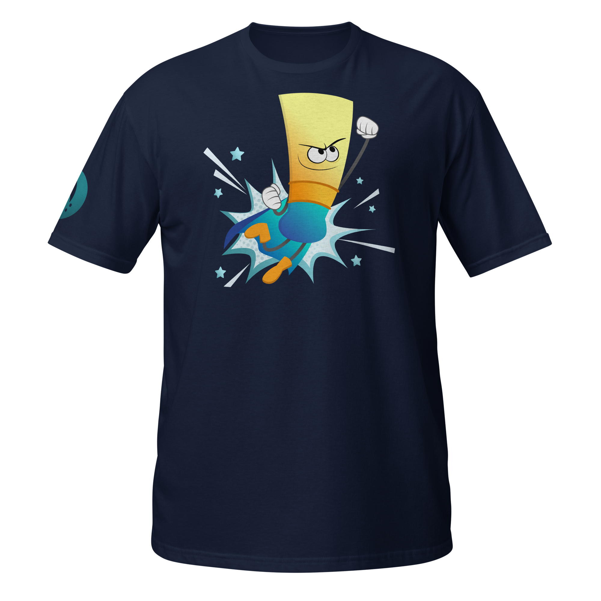 Dark blue t-shirt featuring a cartoon illustration of a fist punching through a light blue and white explosion with small stars around it.