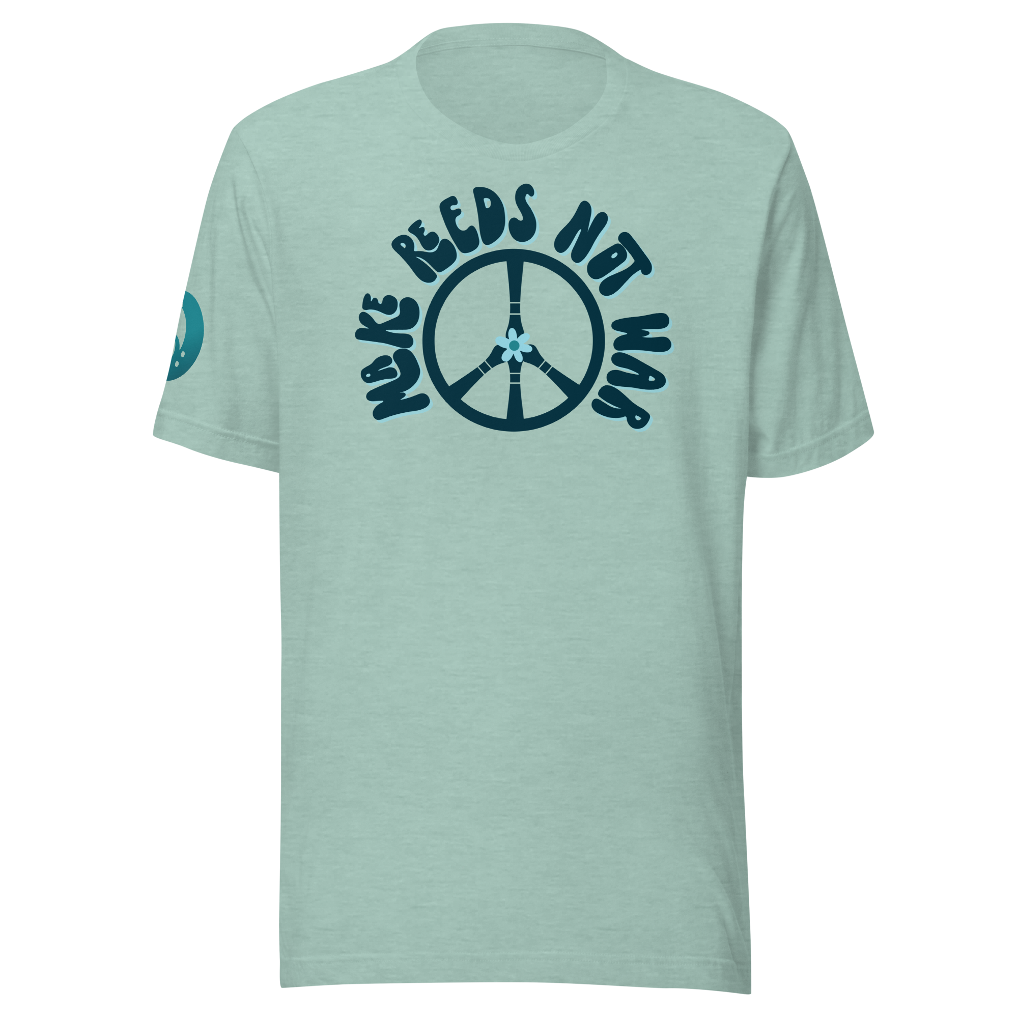 Light green T-shirt with a design that includes a peace sign and text reading "Make Records Not War."