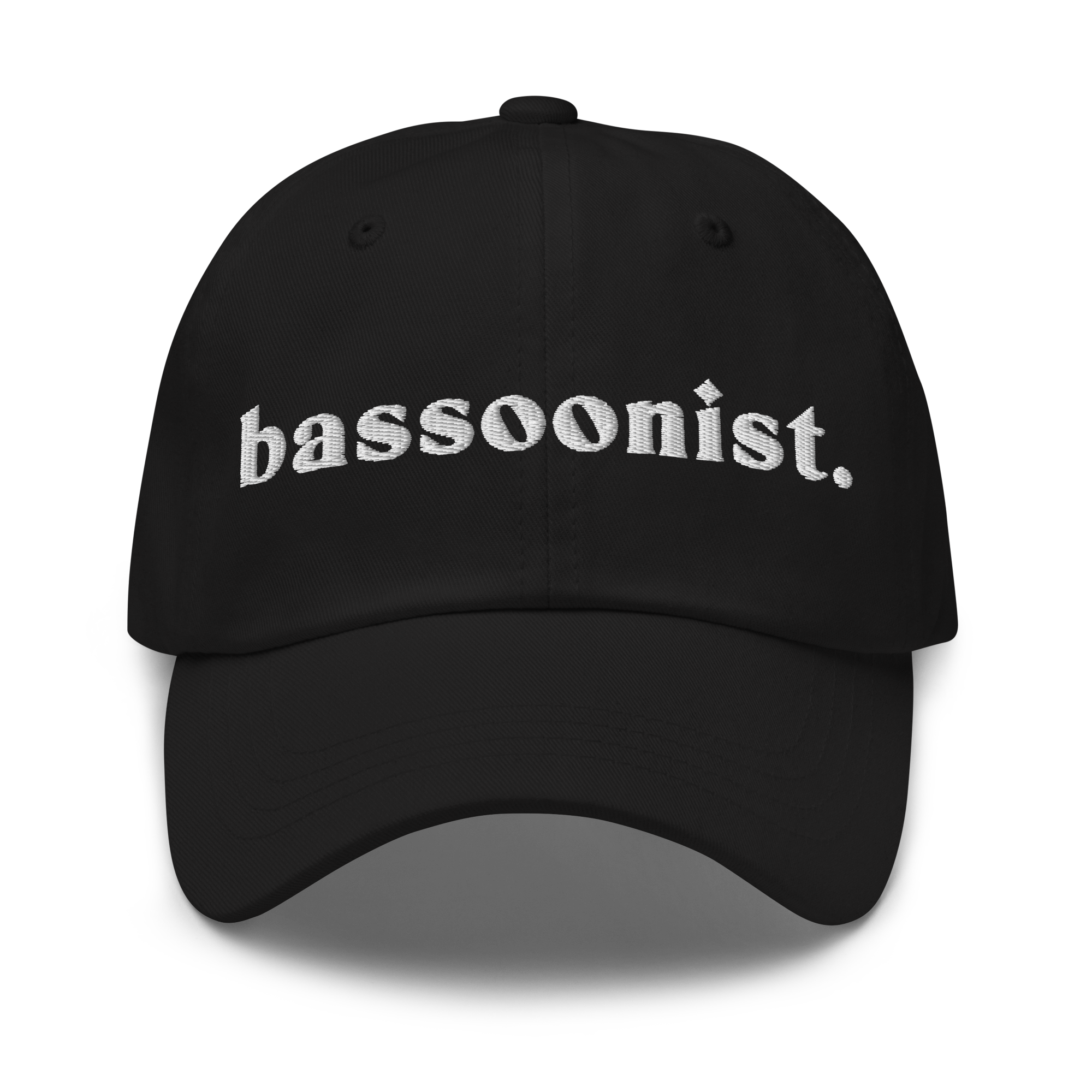 A black baseball cap with the phrase "hassonist" embroidered in white thread.