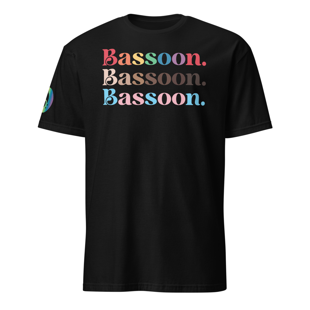 Black T-shirt with multicolored text reading 'Bassoon.' repeated three times in different pastel colors.