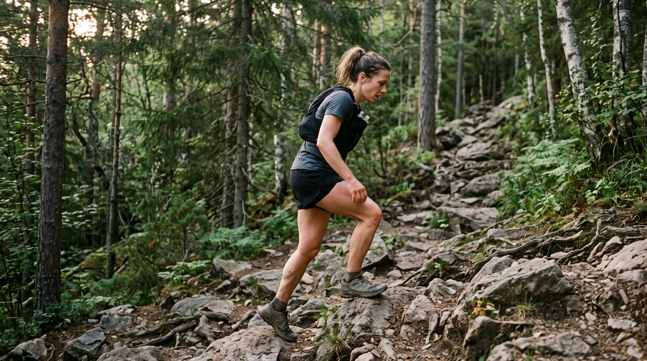A determined female trail runner with her hair tied back, wearing a dark t-shirt, shorts, and a hydration vest, runs uphill on a rugged, boulder-strewn forest trail. Late afternoon sun filters through the dense pine and birch trees in the background.