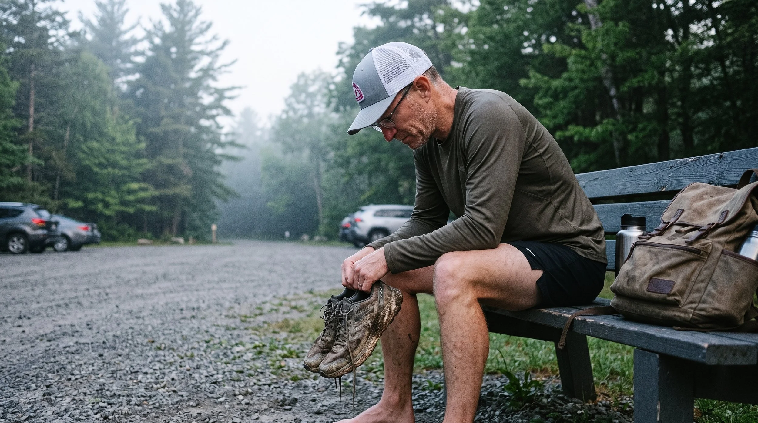 A mid 50 year old pondering on a bench near a trailhead.