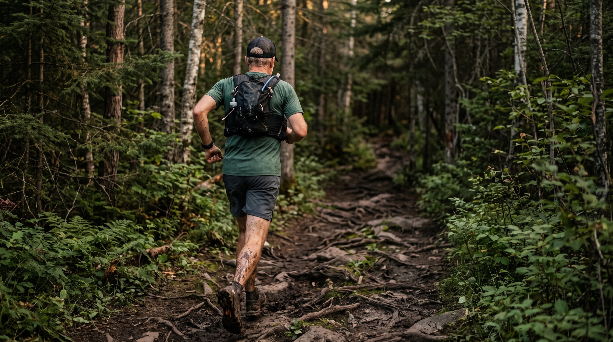 Male running up the Superior Hiking trail away from camera