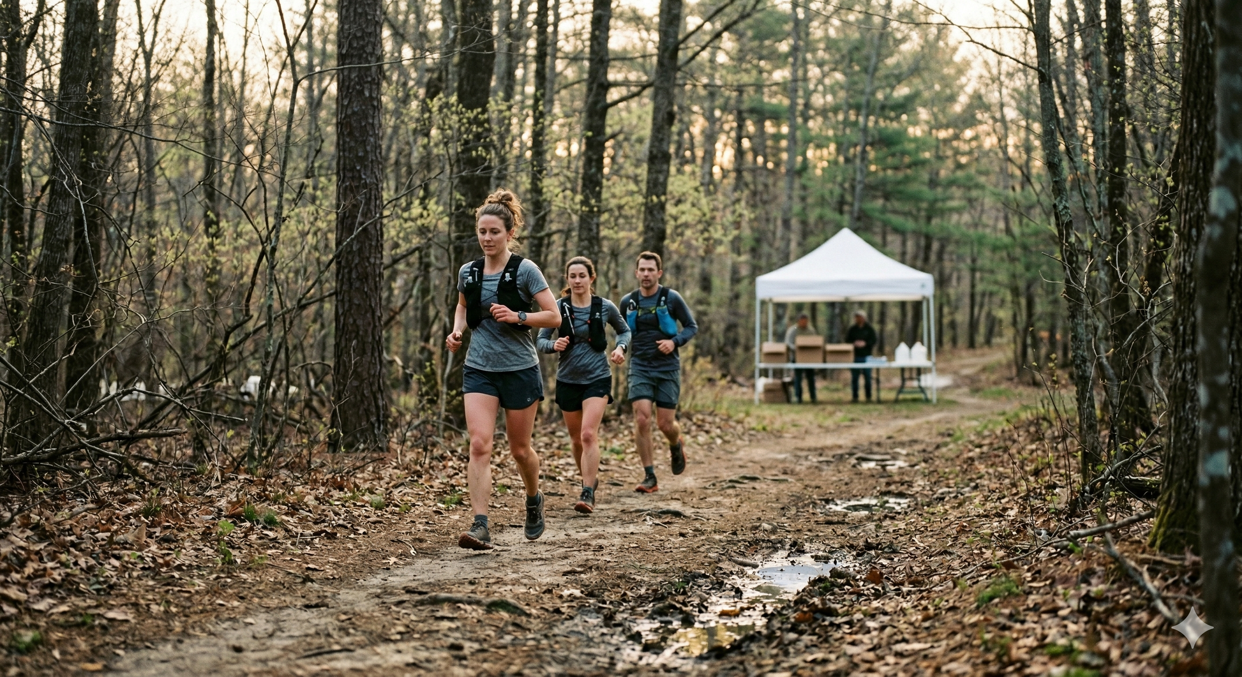 Runners all fueled up after a stop at an aid station.