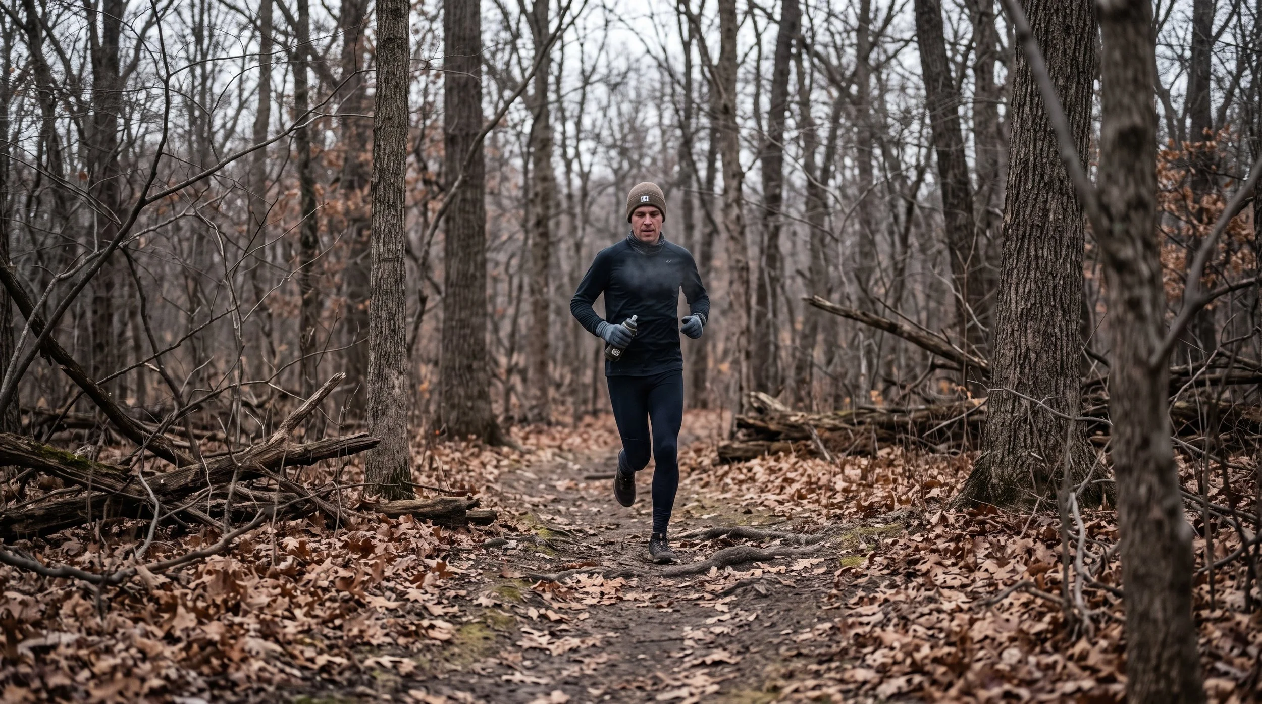 Lone focused male running on a trail.