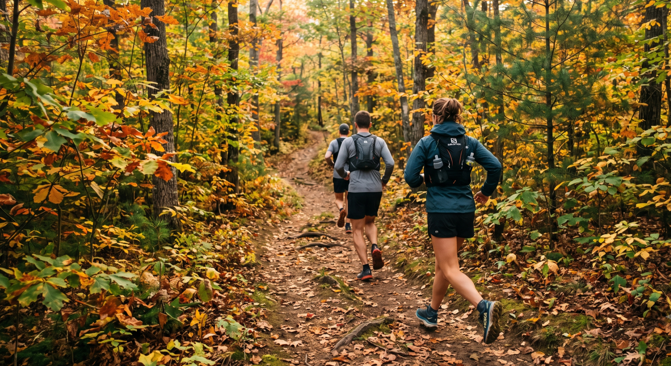 Three runners running away from the camera on a fall day on forest trail.