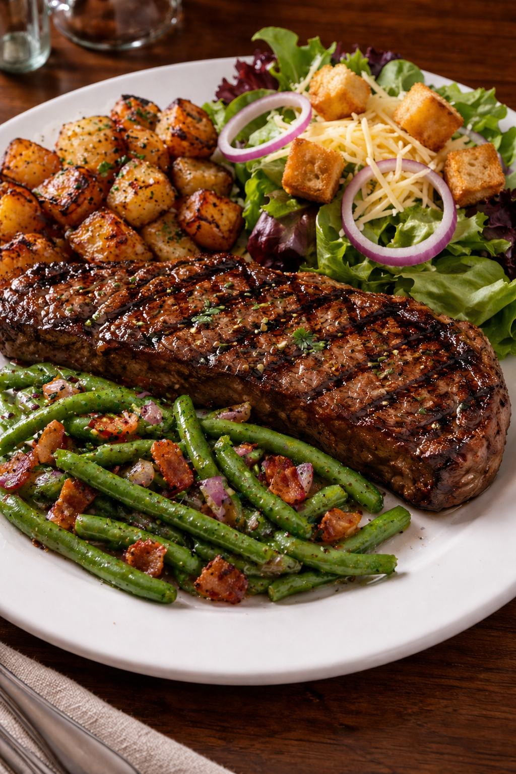 12 oz NY Strip served with hash and green beans.