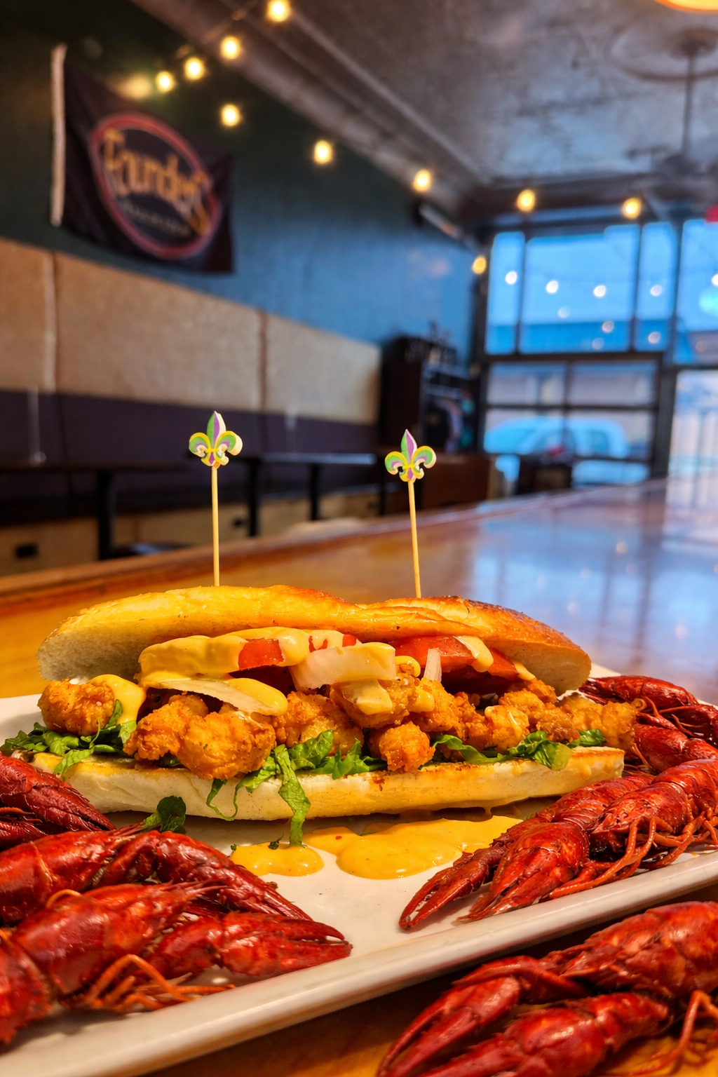 Crawfish Po Boi- Fried crawfish, blackened seasoning , shredded lettuce, tomato, onion, and sriracha mayo