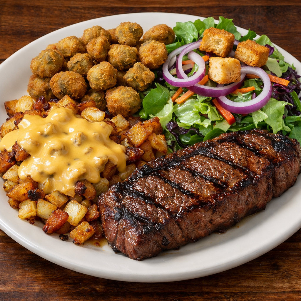 12 oz NY Strip served with fried okra, fire roasted potatoes smothered in beer cheese and a 1/2 house salad