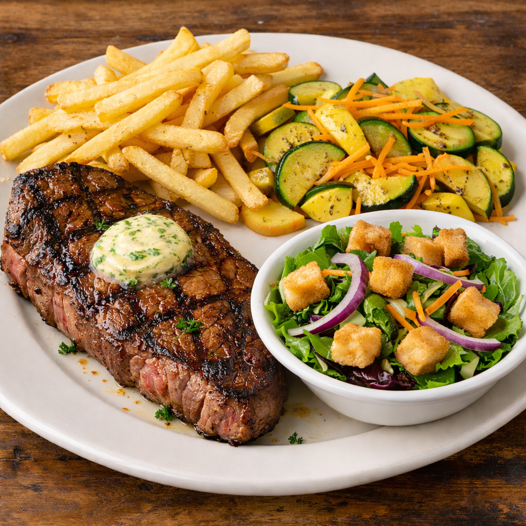 12oz NY Strip with house fries and Sqaush mix served with a 1/2 house salad