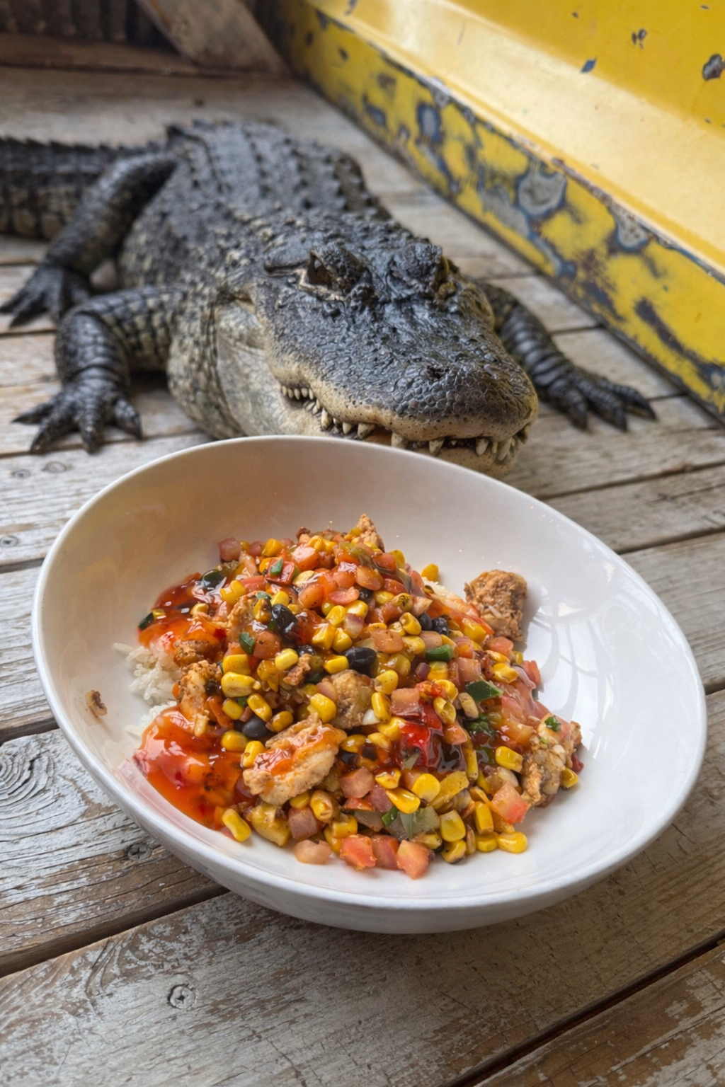 Blackened grilled gator bowl- Blackened grilled gator, rice, mango pico, black bean corn mix, sweet chili, scallions. 
