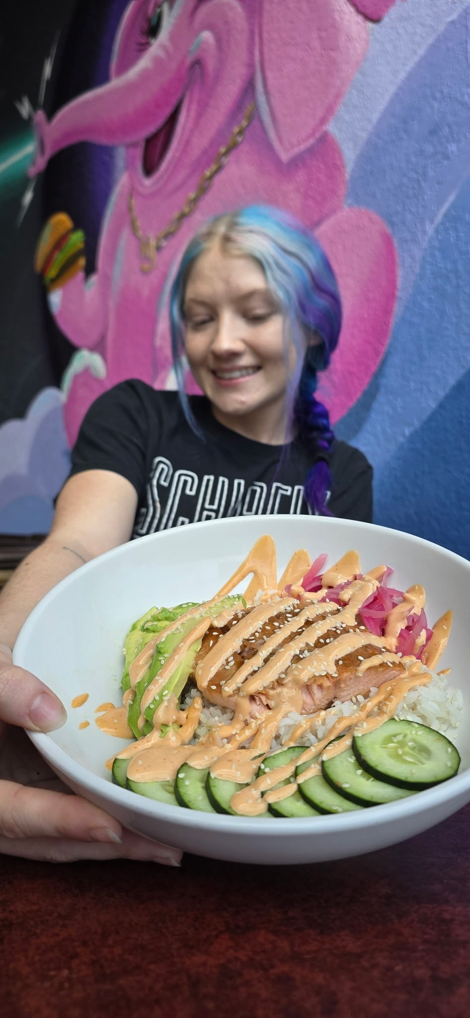 Rice, Marinated smoked salmon, avocado, pickled red onion, cucumber, siracha mayo