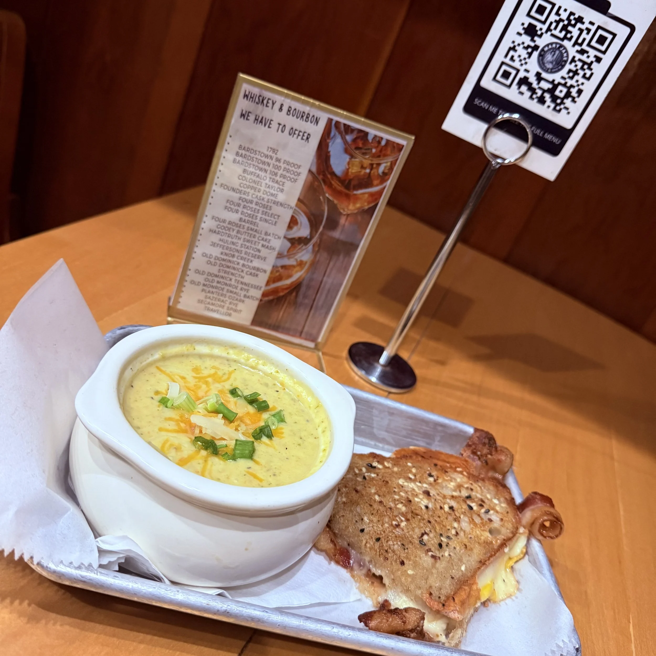 Feature Entree: Bacon Grilled Chese with House-Made Brocolli Cheddar Soup! Soup is also available alone or as a side in a cup, or bowl!