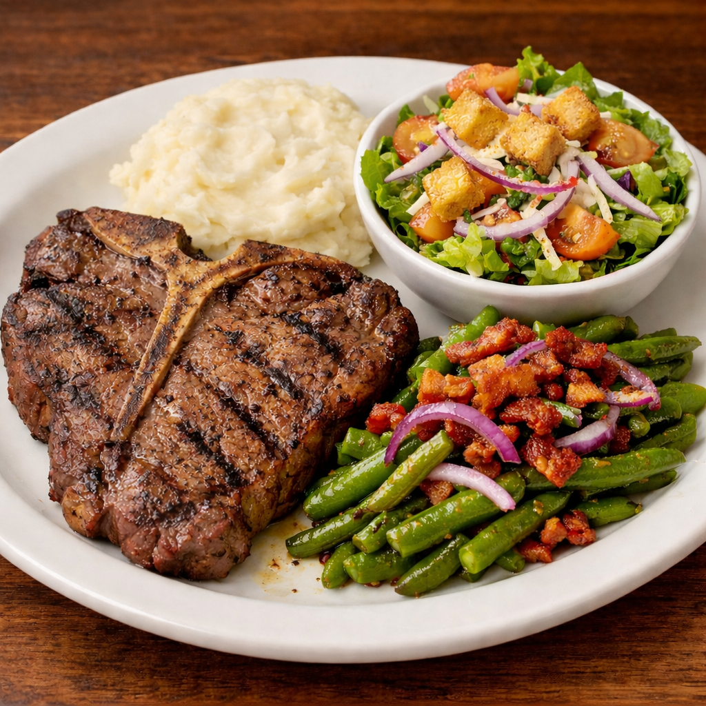 !2 oz T Bone served with mashed potatoes, sauteed green beans with bacon and red onions and 1/2 house salad