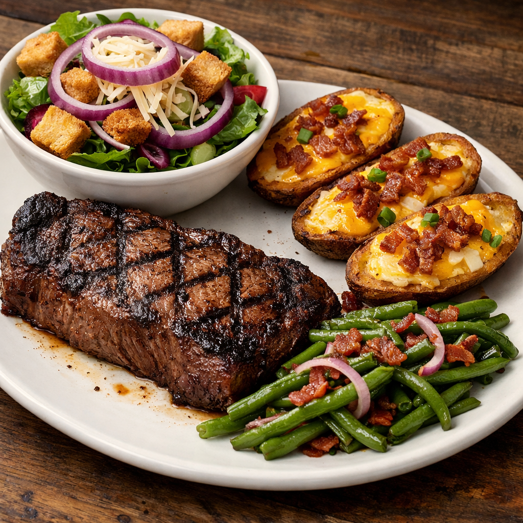 Market steak: 8oz sirloin served with 3 plain Jane potato skins, green beans and a 1/2 house salad