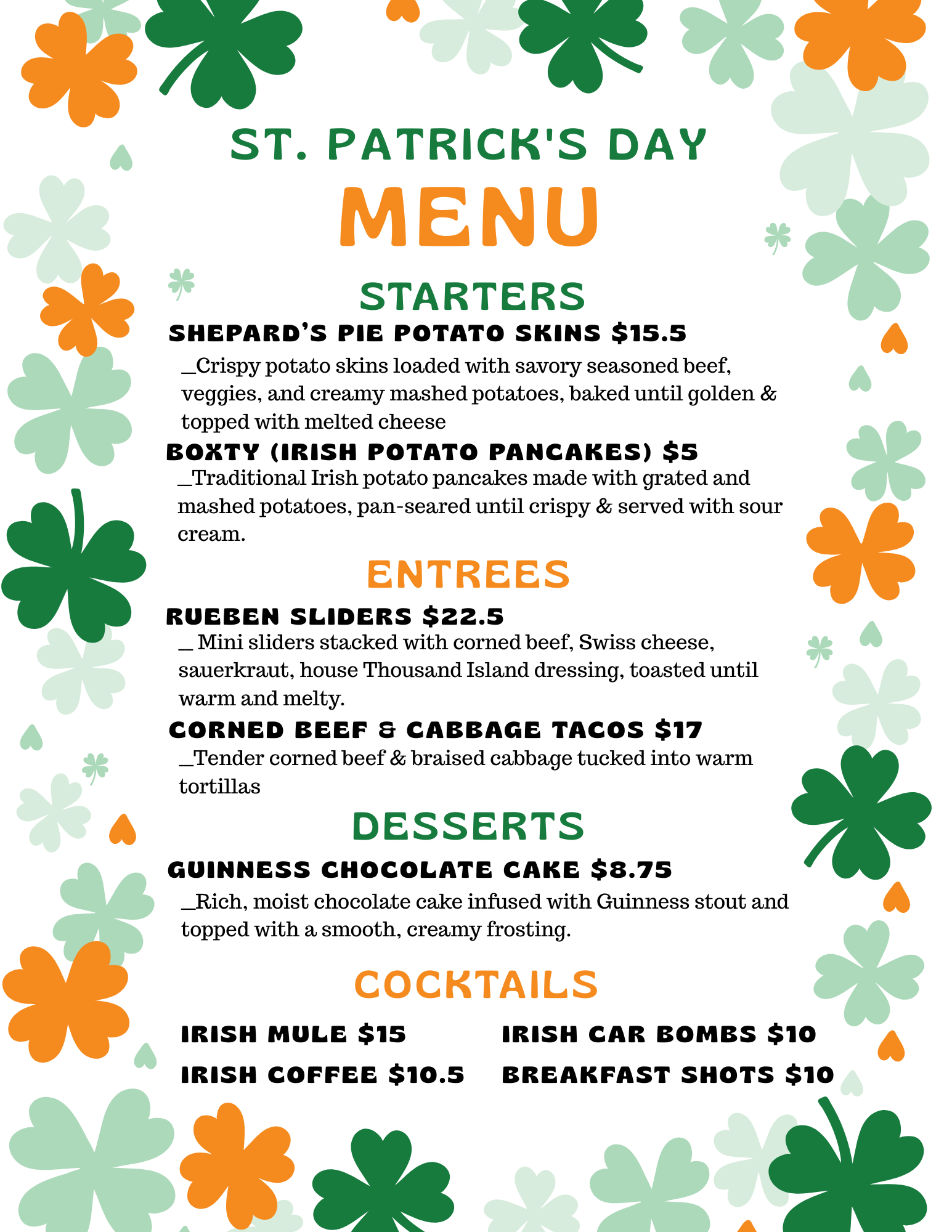 St. Pattys menu 3/9-3/22
