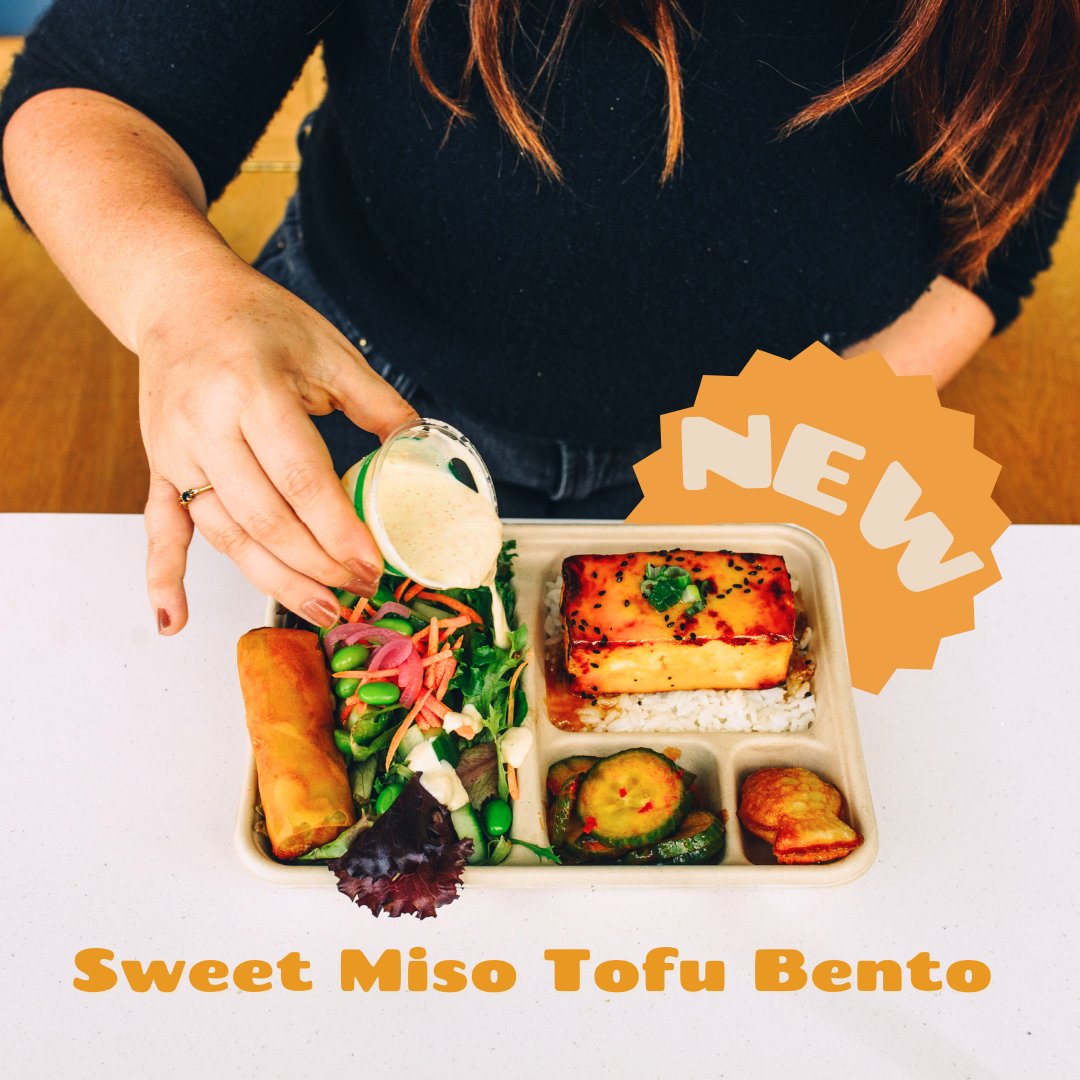 📣 NEW! Sweet Miso Tofu Bento: sweet miso tofu and rice, house salad, chili cucumber salad, veggie spring roll, with a sweet potato taiyaki⁠
⁠
⁠
⁠