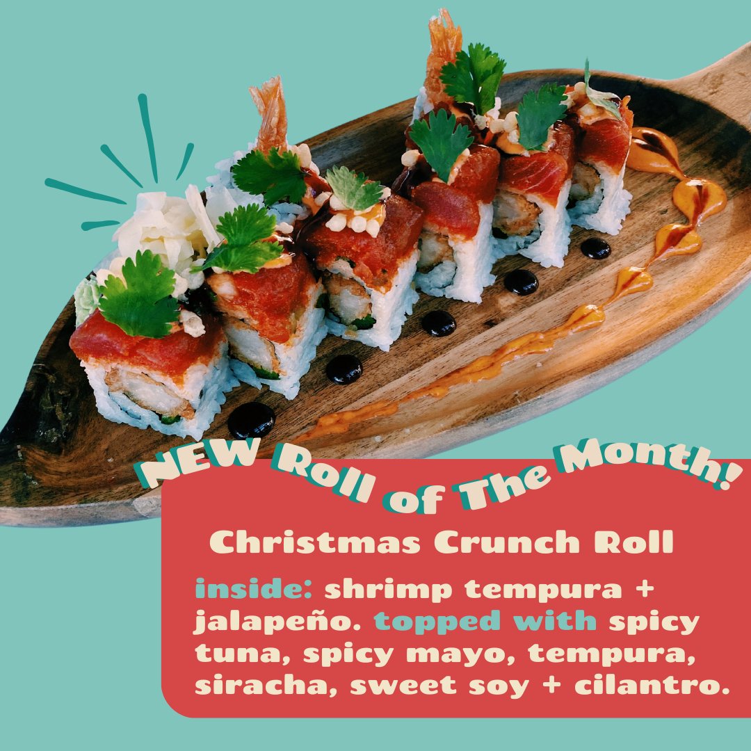 Happy Holidays from Fat Fish! ⁠
⁠
Our new ROTM is full of Christmas cheer and spice to keep you nice and toasty as the weather gets cooler 🔥⁠
⁠
Inside: shrimp tempura + jalape&ntilde;o 🌶️⁠
On top: spicy tuna, spicy mayo, tempura, siracha, sweet soy