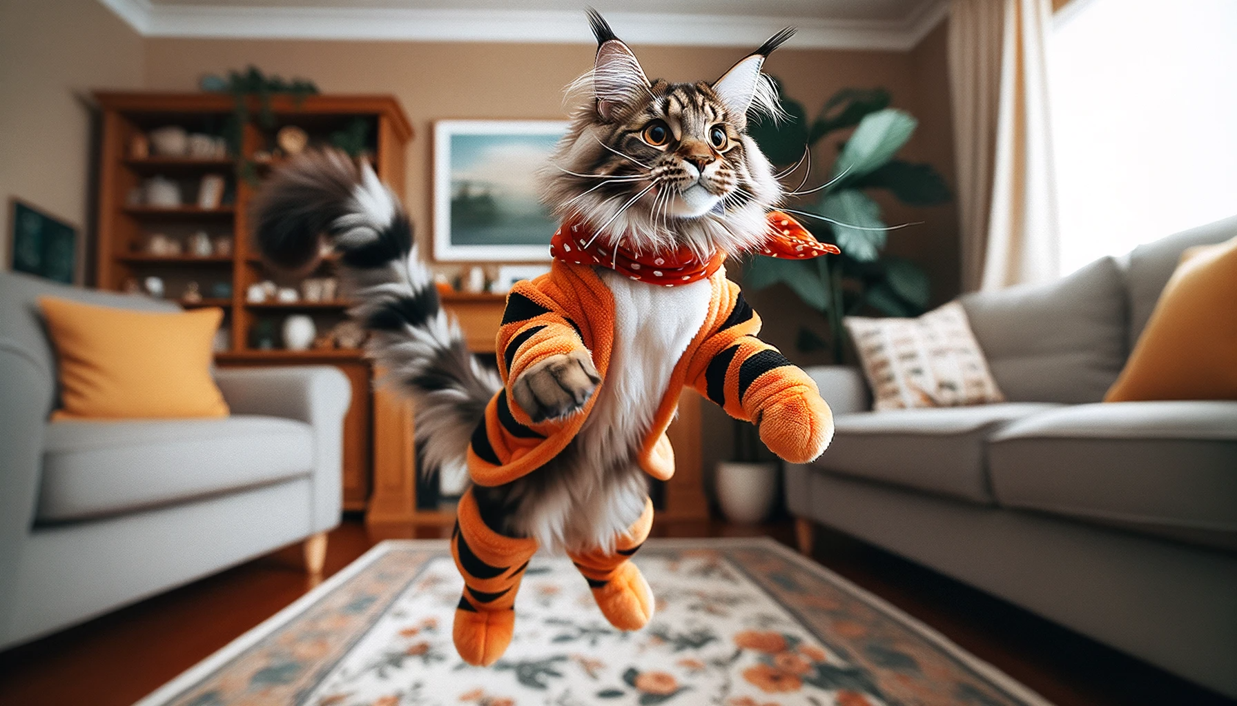 tiger Photo of a Maine Coon cat dressed as Tigger, with an orange and black striped bandana around its neck, leaping playfully in a living room setting.png