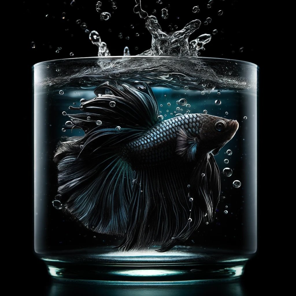 DALL·E 2024-04-27 19.29.43 - A close-up image of a black orchid betta fish in a glass full of clear water, set against a black background. The lighting is low-key, emphasizing the.jpeg