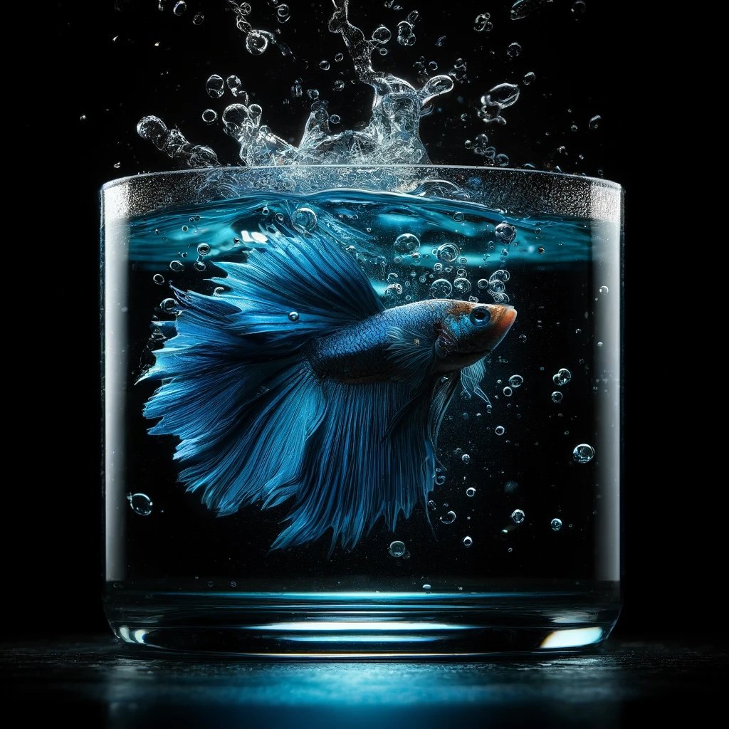 DALL·E 2024-04-27 19.29.51 - A close-up image of a vibrant blue beta fighting fish in a glass full of clear water, set against a black background. The lighting is low-key, emphasi.jpeg