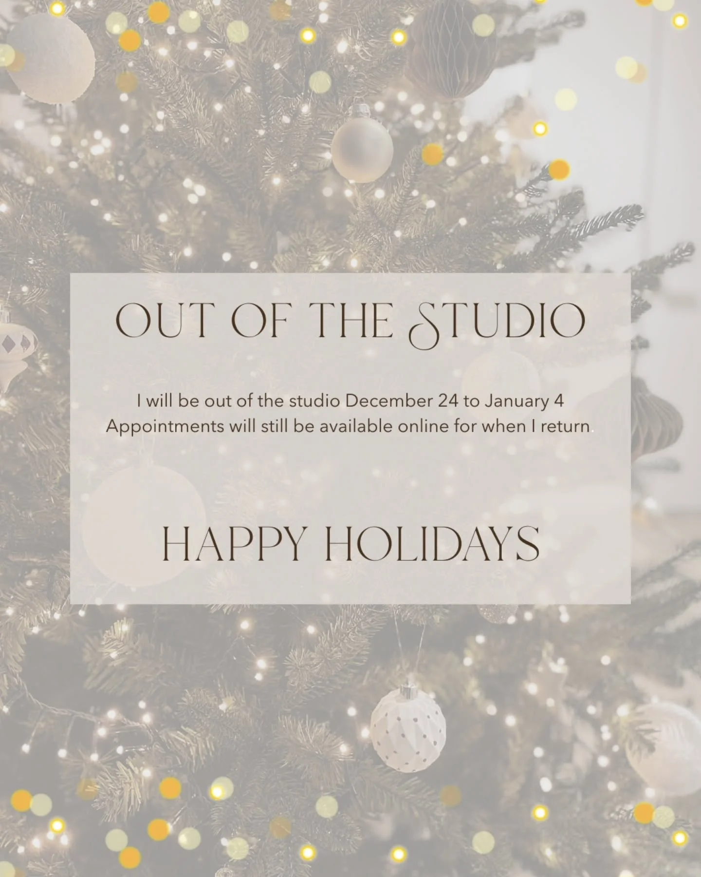 𝗟𝗮𝘀𝘁 𝗰𝗵𝗮𝗻𝗰𝗲 𝘁𝗼 𝗯𝗼𝗼𝗸 𝗯𝗲𝗳𝗼𝗿𝗲 𝘁𝗵𝗲 𝗵𝗼𝗹𝗶𝗱𝗮𝘆𝘀! 🎄 

I am down to the last handful of appointments before I go on vacation. I will be out of the studio December 24, 2025 to January 4, 2026. I will not be responding to messag