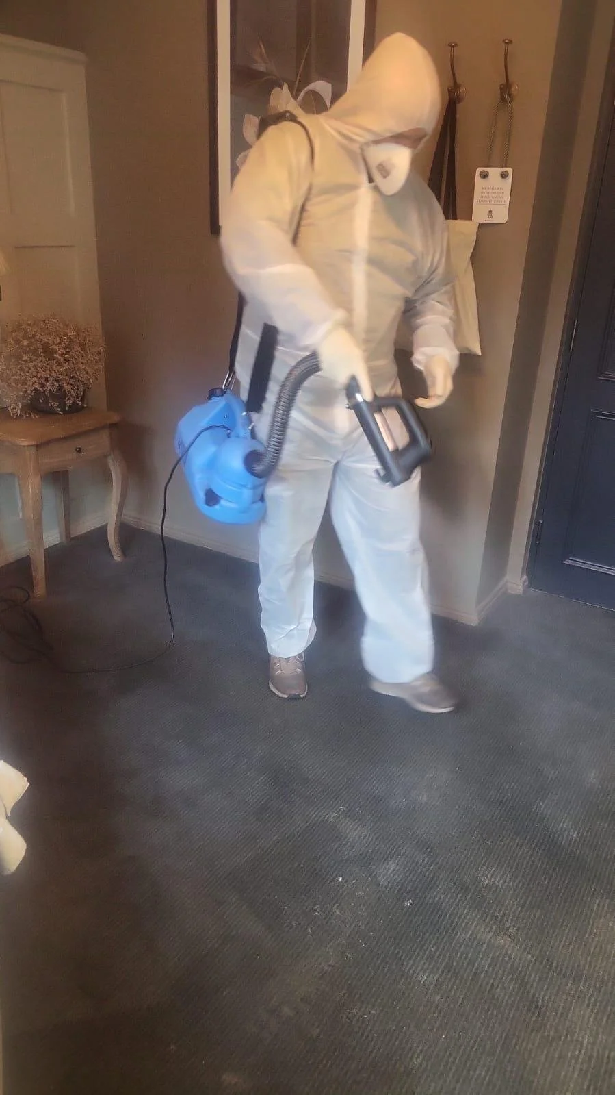 biohazard technician fogging room for decontamination